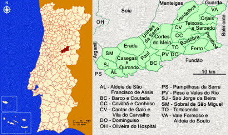 Mapa da localização e freguesias do Concelho de Covilhã