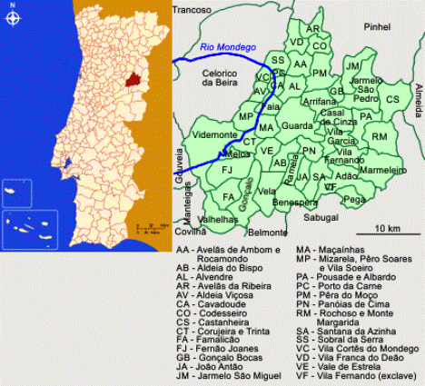 Mapa da localização e freguesias do Concelho de Guarda